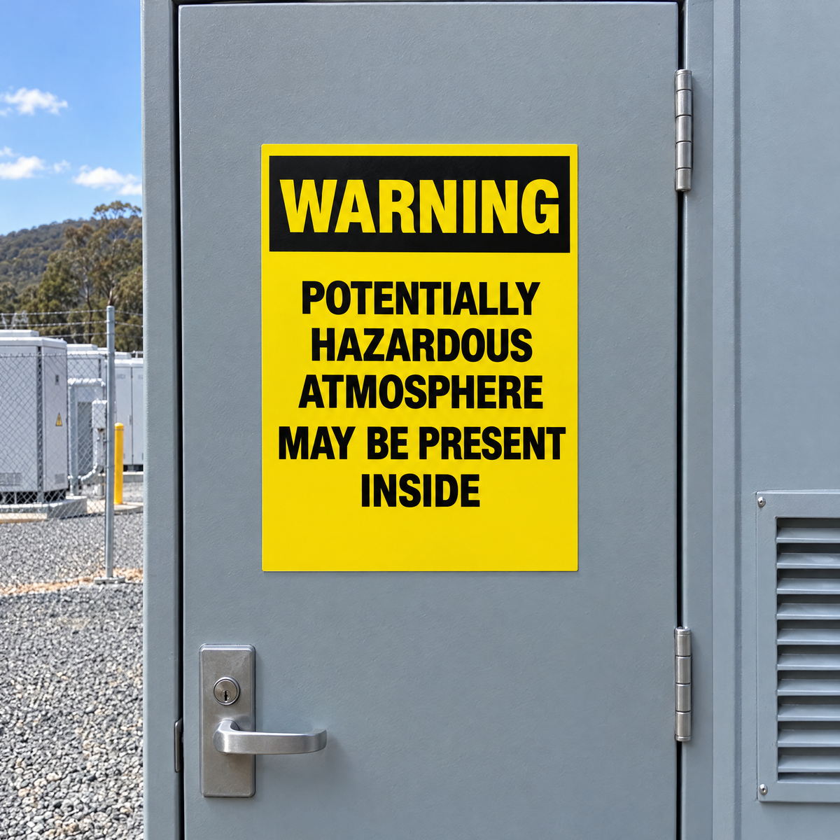 NSW Lithium-ion BESS Enclosure Warning – Potentially Hazardous Atmosphere Inside (FRNSW) – installed example