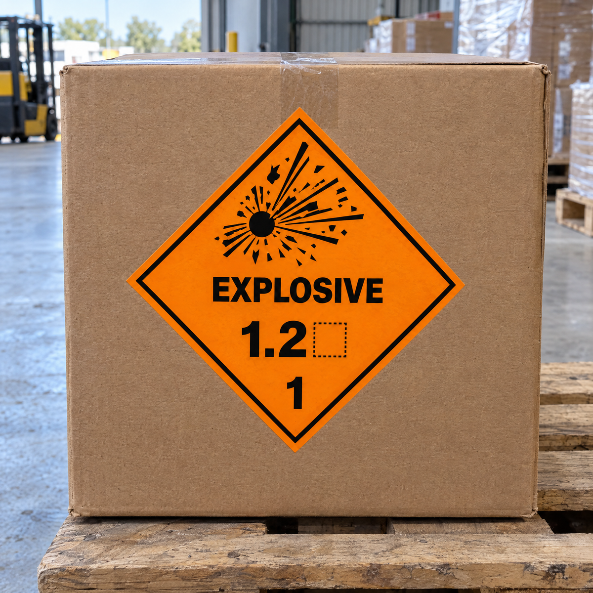 Division 1.2 Explosive Placard/Label – ADG Model No.1 (with compatibility group) – installed example