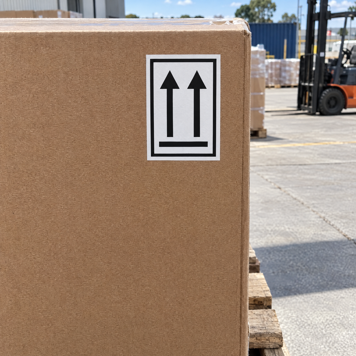 Package Orientation Arrows Label – ADG 5.2.1.7 (This Way Up) – installed example