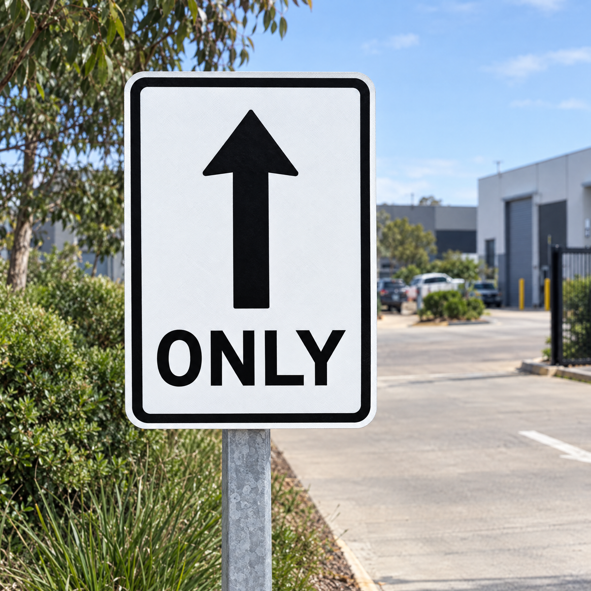 No Turns (Straight Ahead Only) Sign – installed example