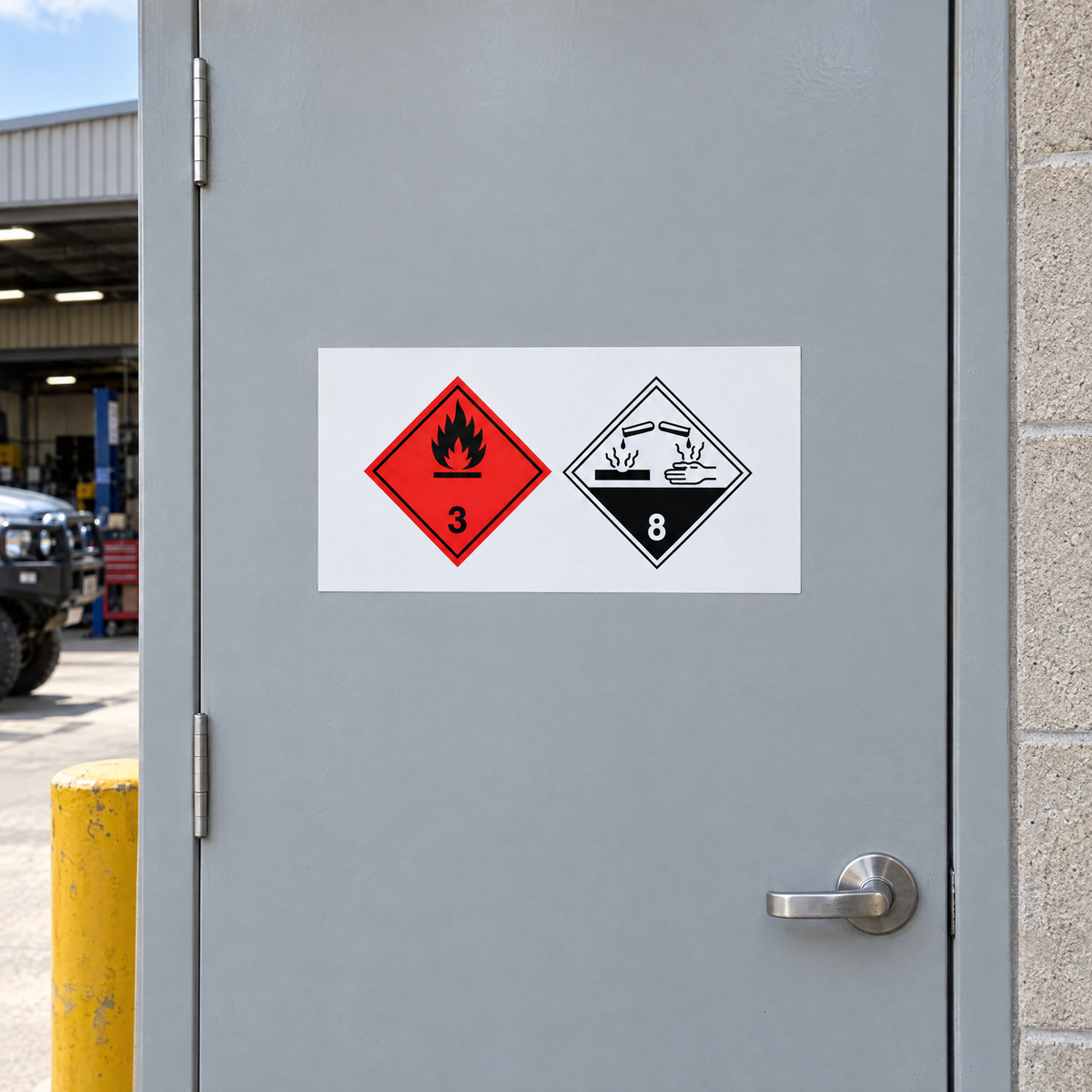 Package Store Information Placard – Class 3 + Class 8 (Workshop flammable & corrosive store) – WHS Schedule 13 – installed example