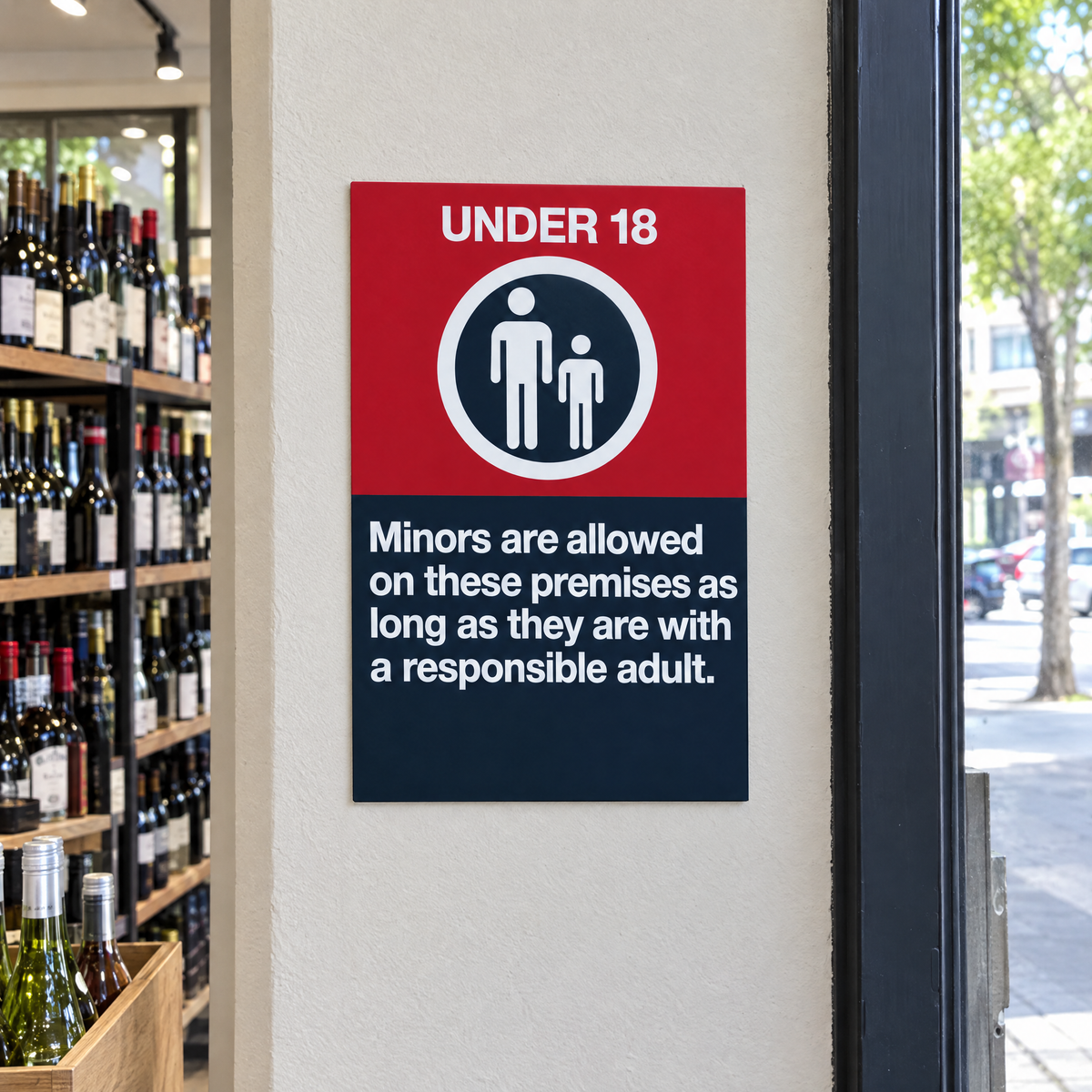 NSW Bottle Shop / Supermarket Liquor Area – Under 18 Must Be With Responsible Adult Sign (cl 55A, signs 3L/9L) – installed example