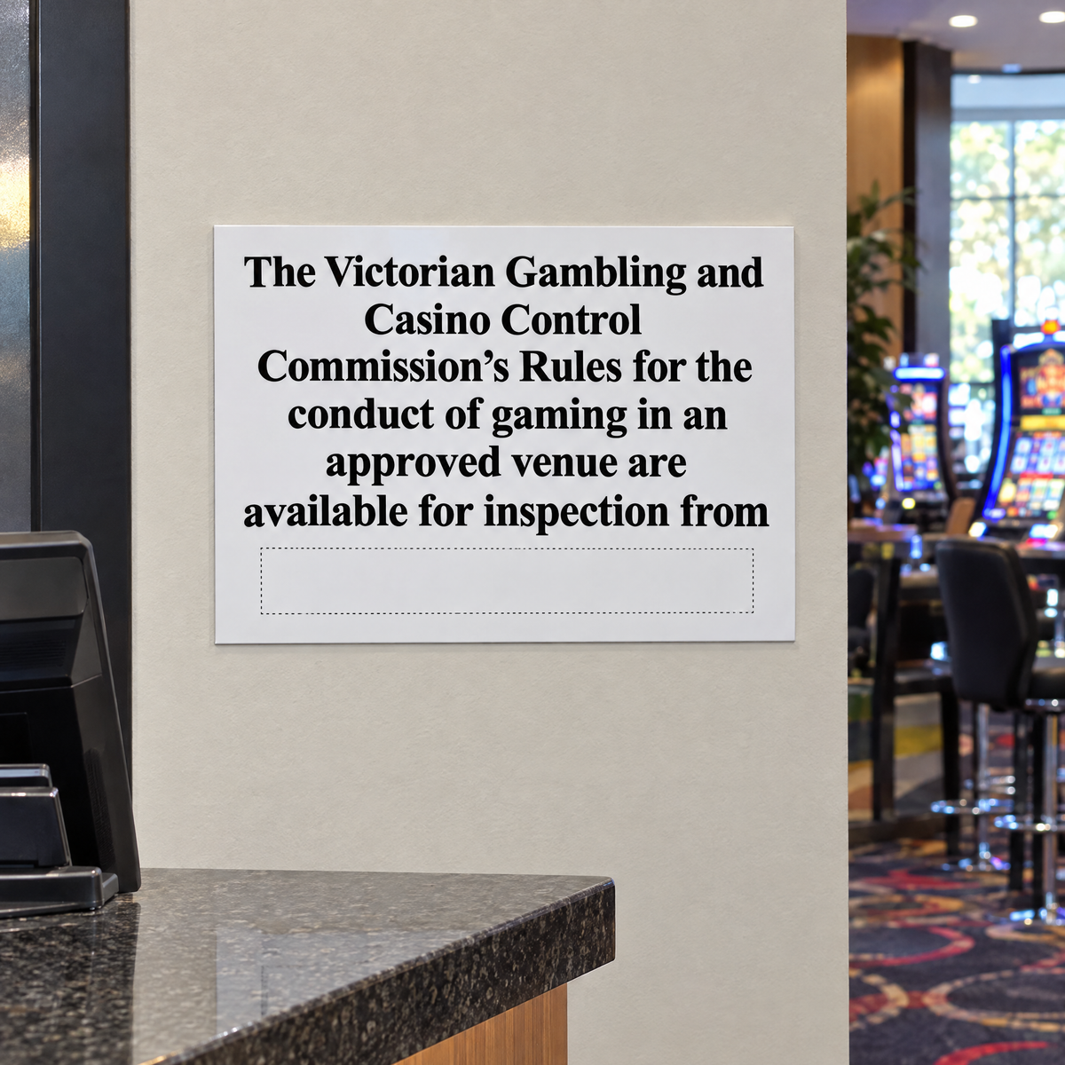 VIC Gaming Venue – Where Commission Rules Are Kept Notice (GRA s 3.5.23 / 3.5.25) – installed example
