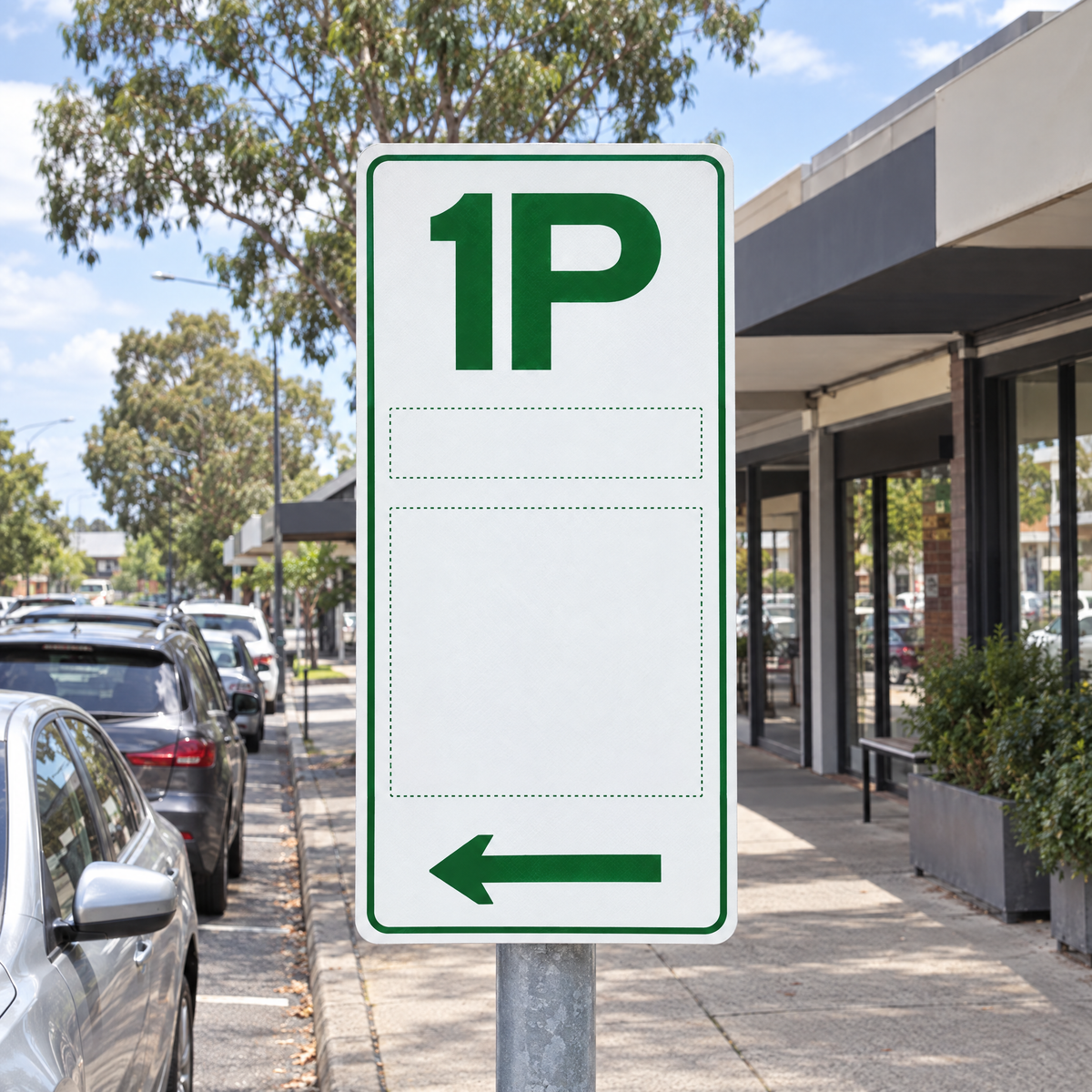 1P (1 Hour) Timed Parking Sign with Times & Arrow – installed example