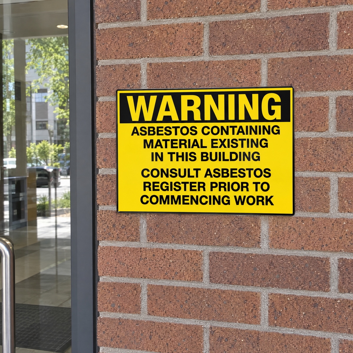 VIC Asbestos Building Entrance Sign – 'Asbestos containing material existing in this building. Consult asbestos register prior to commencing work.' – installed example
