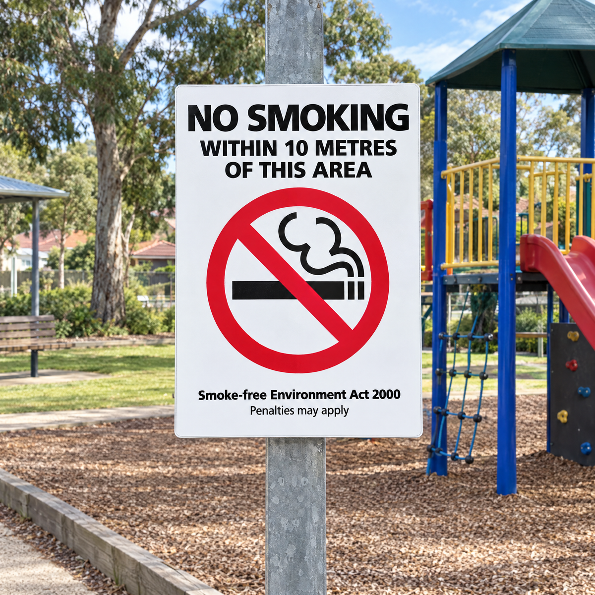 NSW No Smoking Within 10 Metres of This Area Sign (Children's Play Equipment) – installed example
