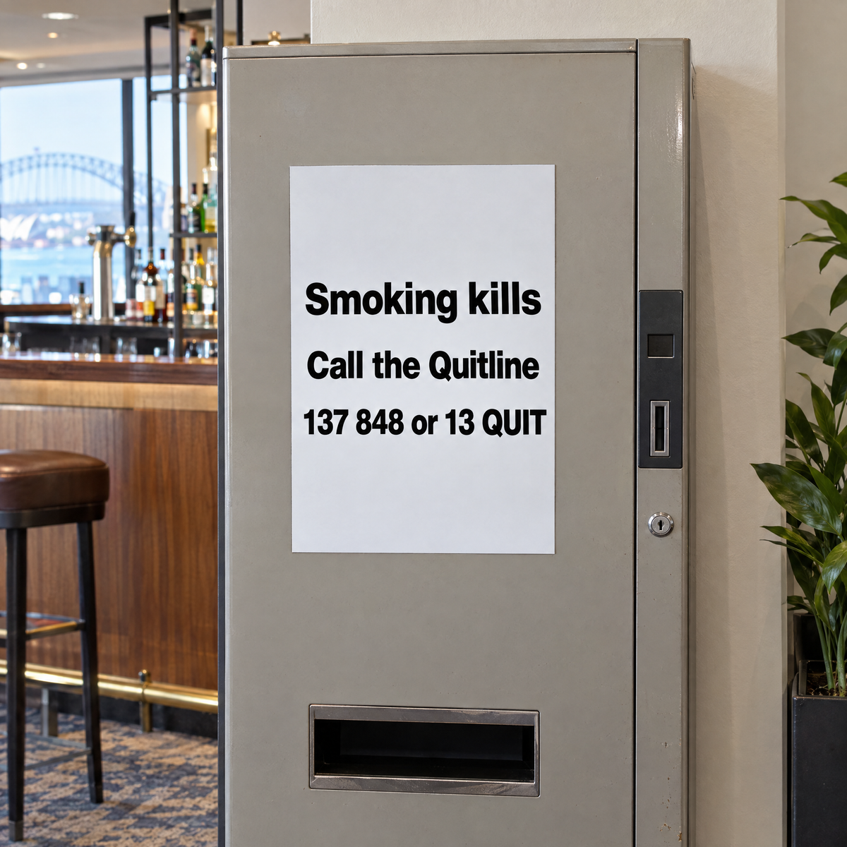 NSW Tobacco Vending Machine Health Warning Sticker – 'Smoking Kills' (Form 1) – installed example
