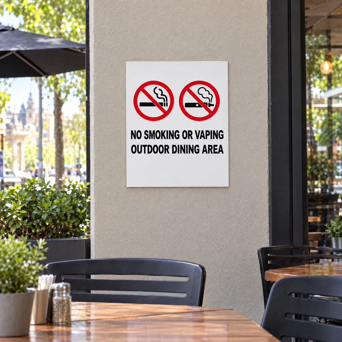 SA No Smoking or Vaping – Outdoor Dining Area Sign (Reg 15) – installed example