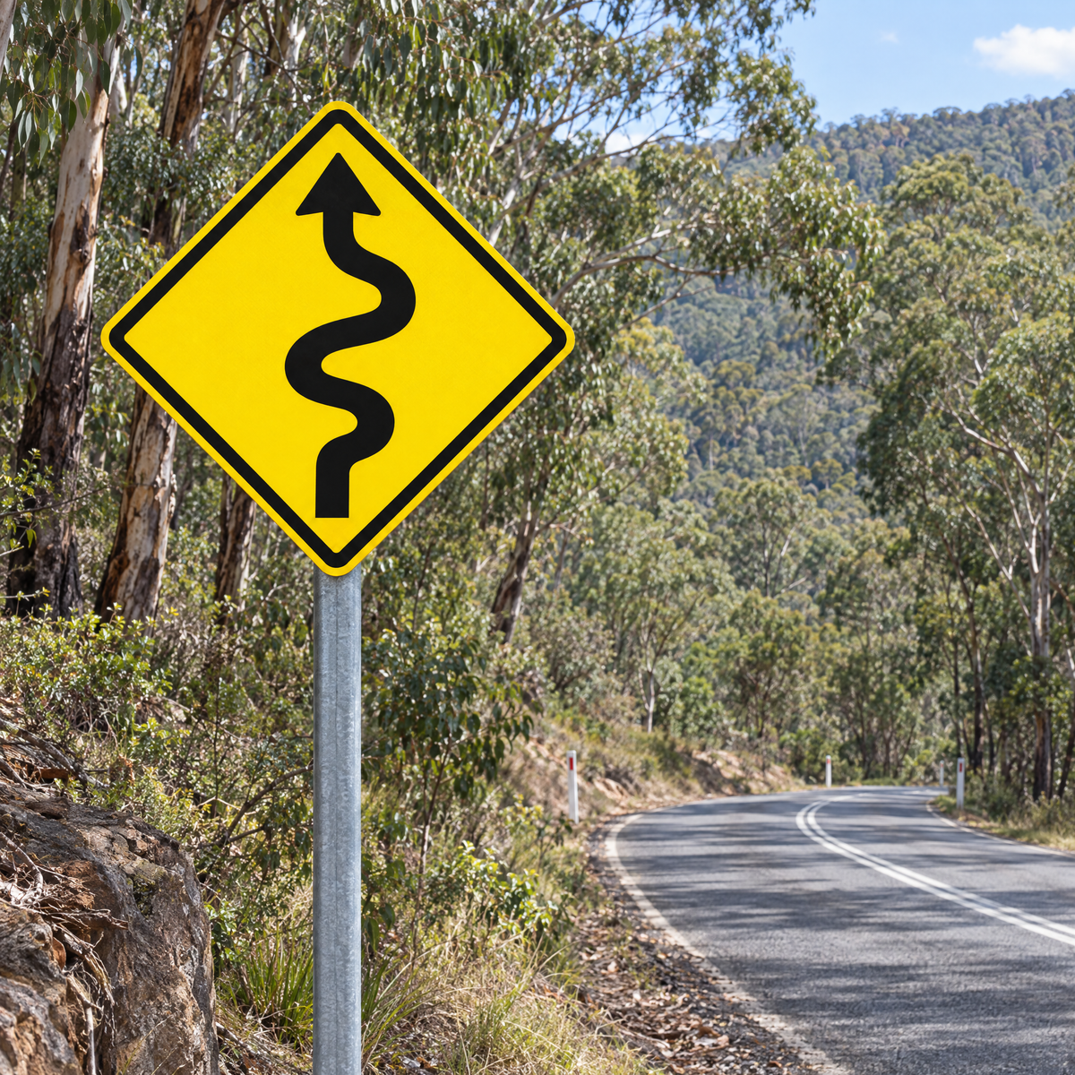 Winding Road (Left or Right) Warning Sign – installed example