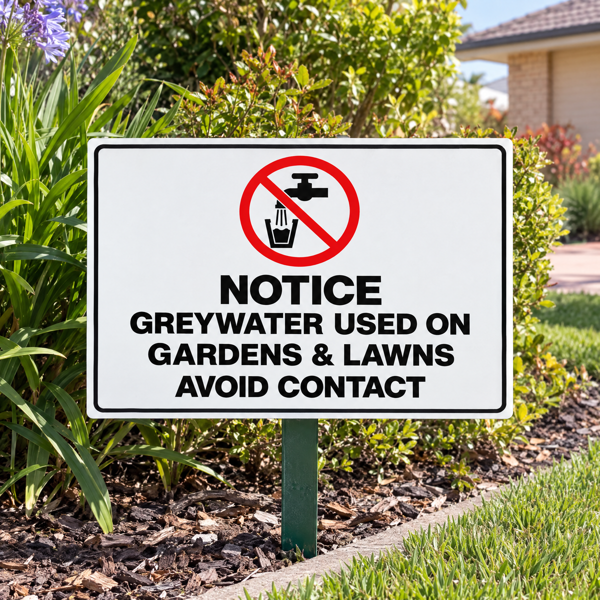 WA Notice – Greywater Used on Gardens & Lawns – Avoid Contact Sign (WA Health) – installed example