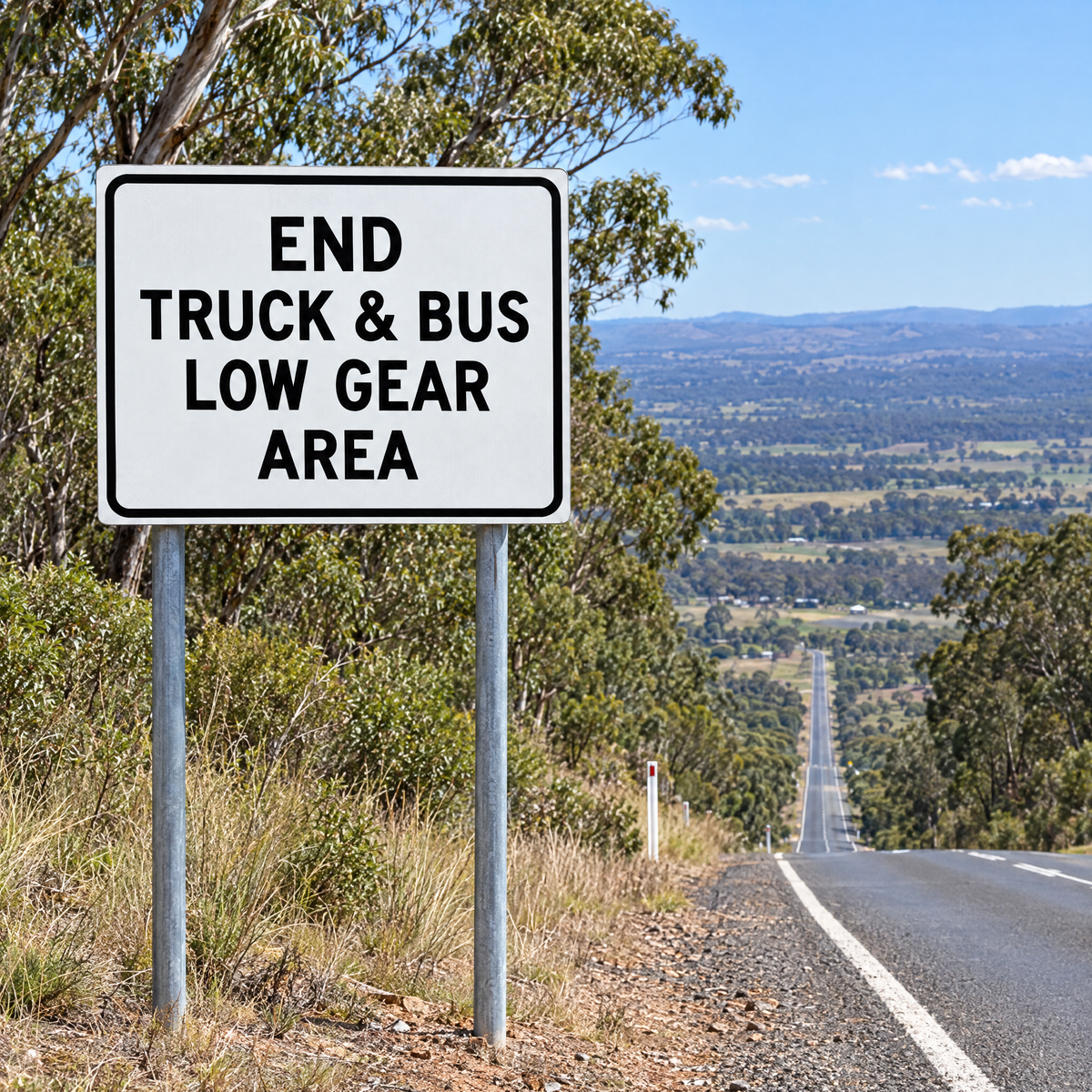 End Truck & Bus Low Gear Area Sign – installed example