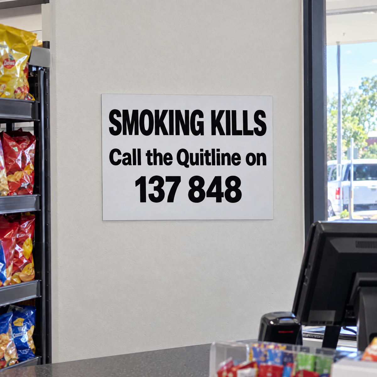 NT Tobacco Health Warning Sign – 'Call the Quitline on 137 848' (Regs 17-18, min A3) – installed example