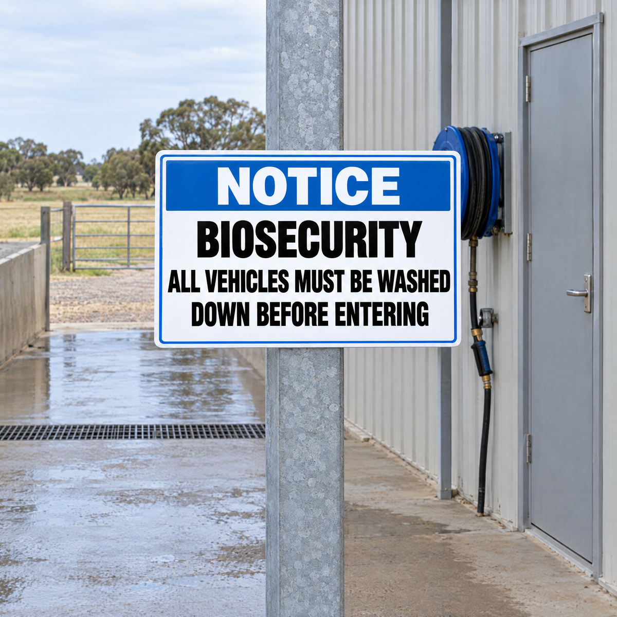 Vehicle Wash-Down Area Biosecurity Sign installed on a steel post at the edge of a concrete vehicle wash-down bay at a farm entrance with a water hose reel nearby