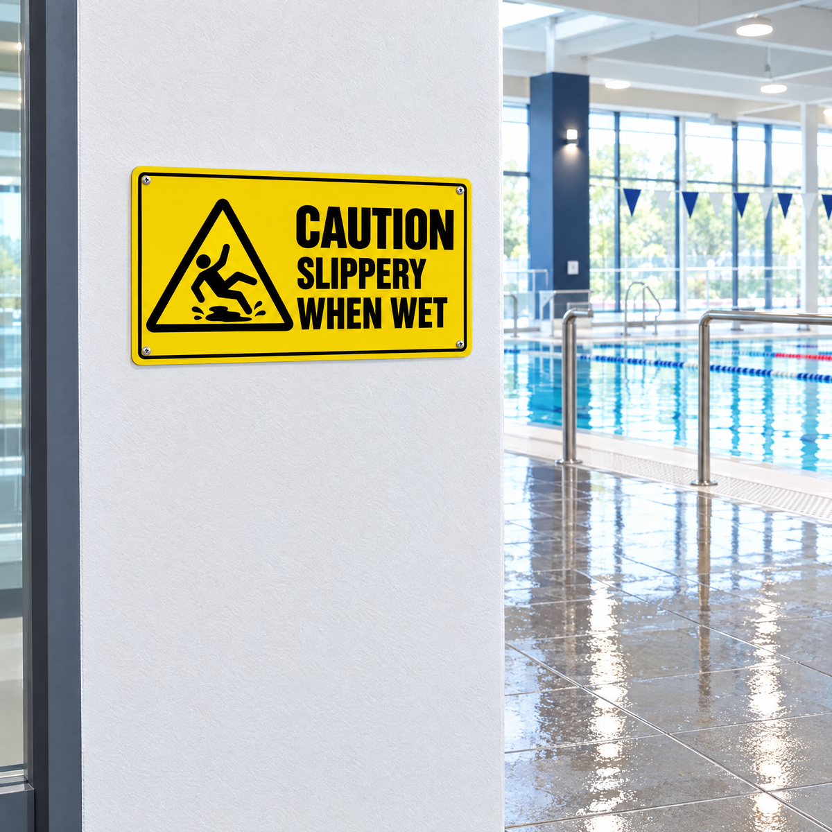 Caution Slippery When Wet Sign installed on site