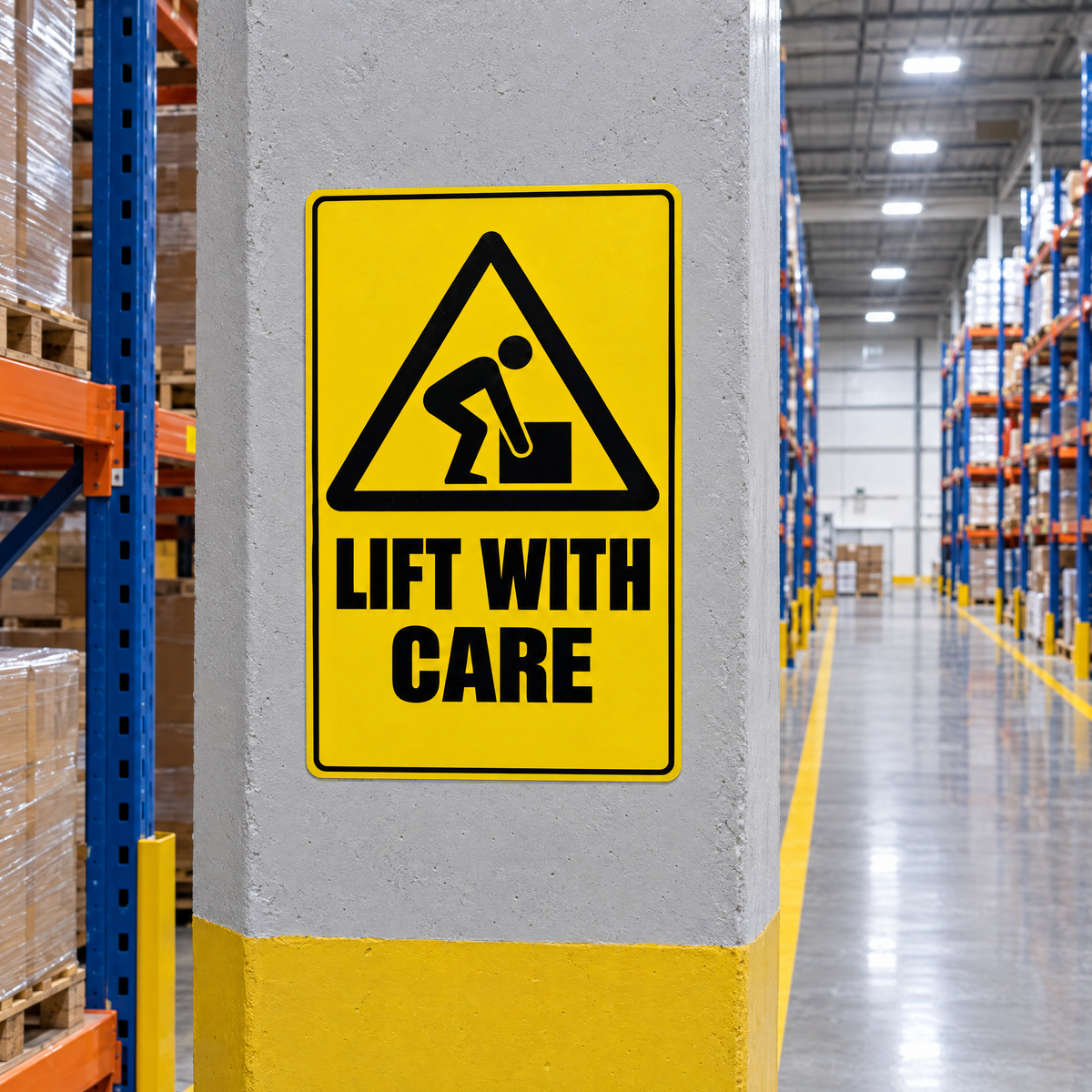 Warning Lift With Care Sign installed in an Australian warehouse