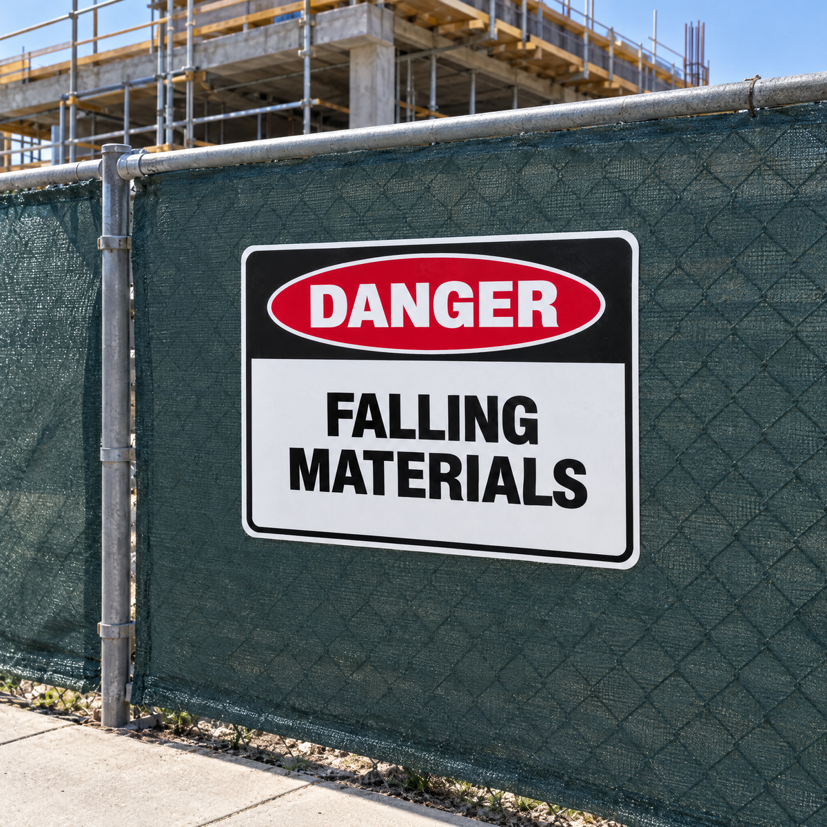 Danger Falling Materials Sign installed on a construction site fence