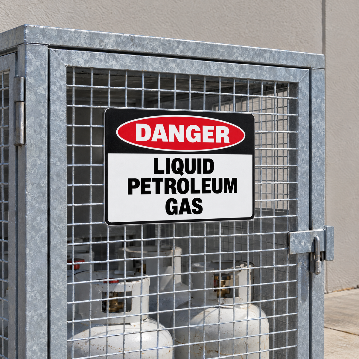 Danger Liquid Petroleum Gas Sign installed on an LPG cylinder cage