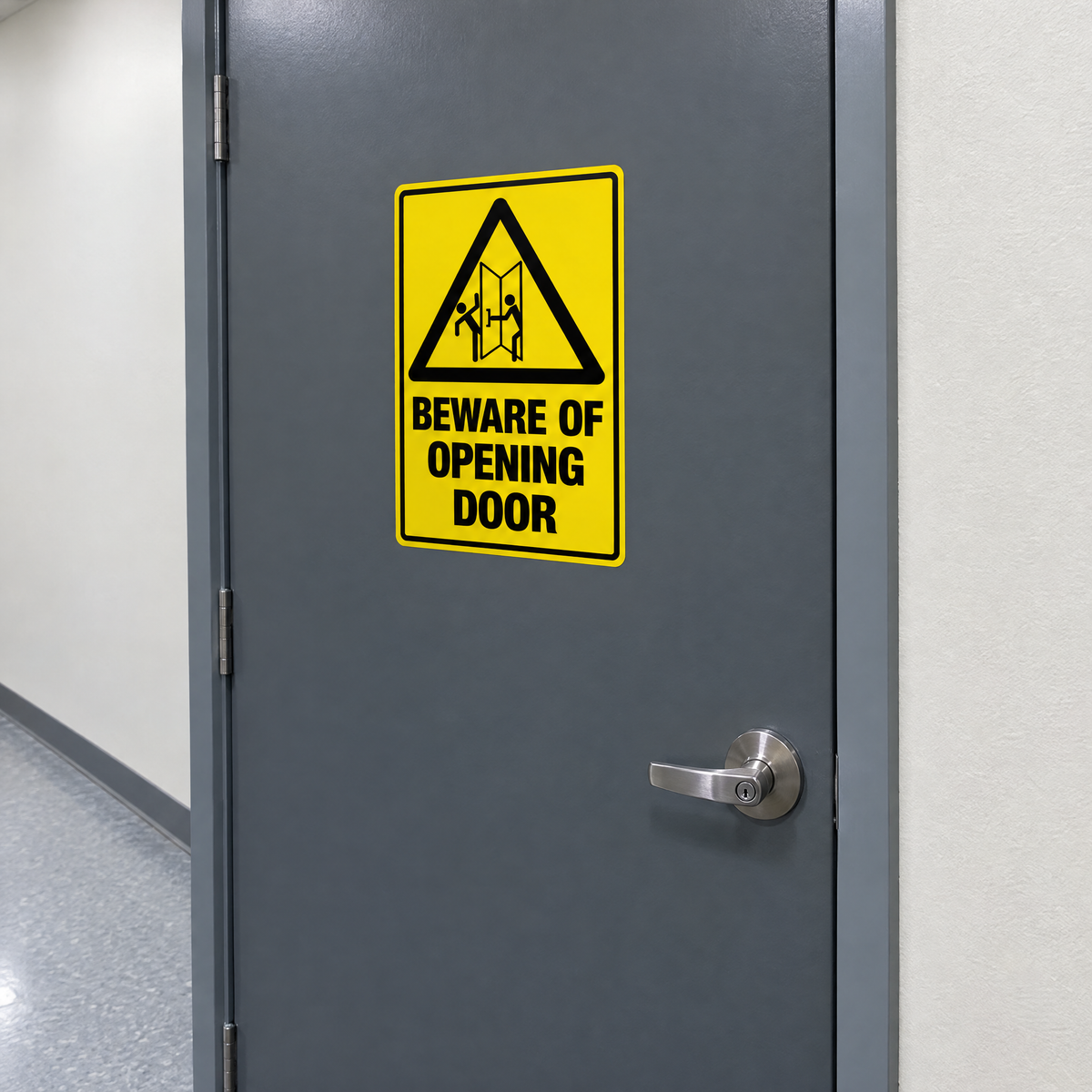 Warning Beware of Opening Door Sign installed on a corridor door