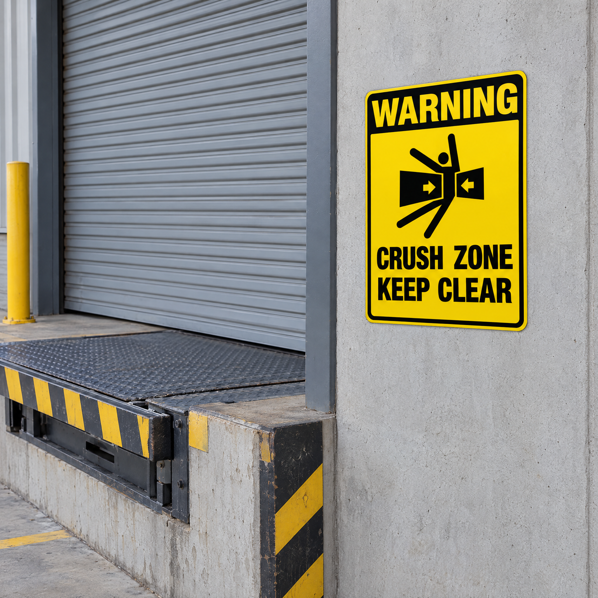Warning Crush Zone Keep Clear Sign installed at a warehouse loading dock