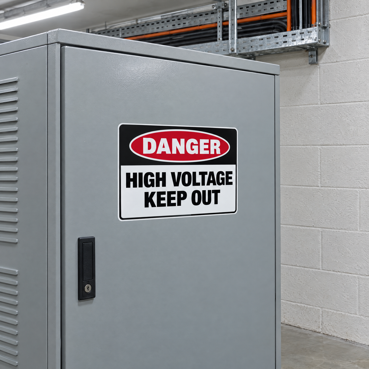 Danger High Voltage Keep Out Sign installed on a switchboard cabinet in a plant room