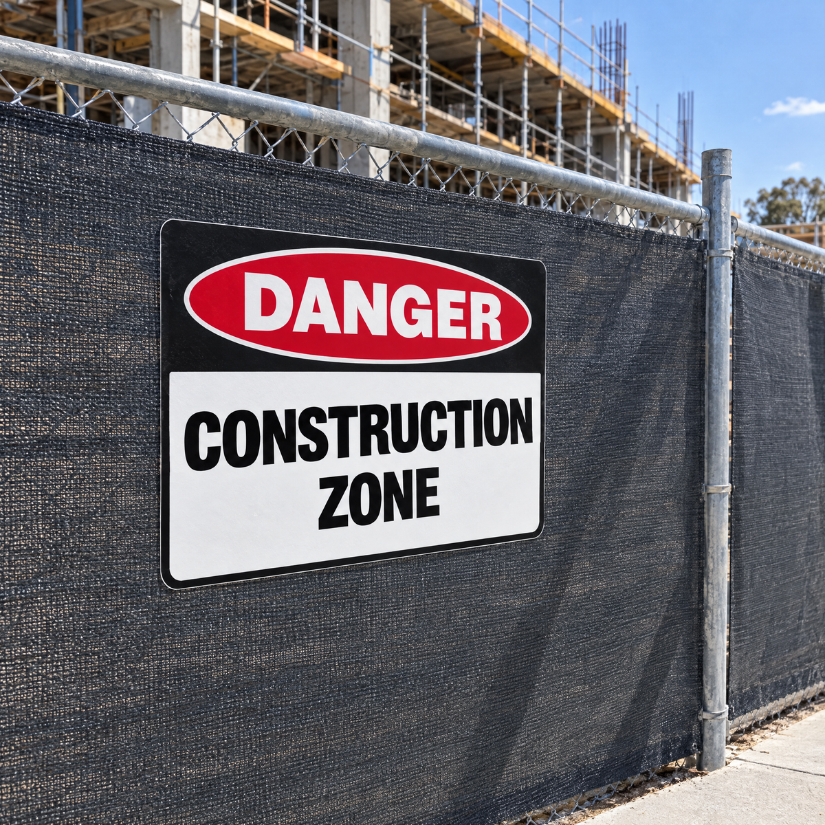 Danger Construction Zone Sign installed on a construction site fence