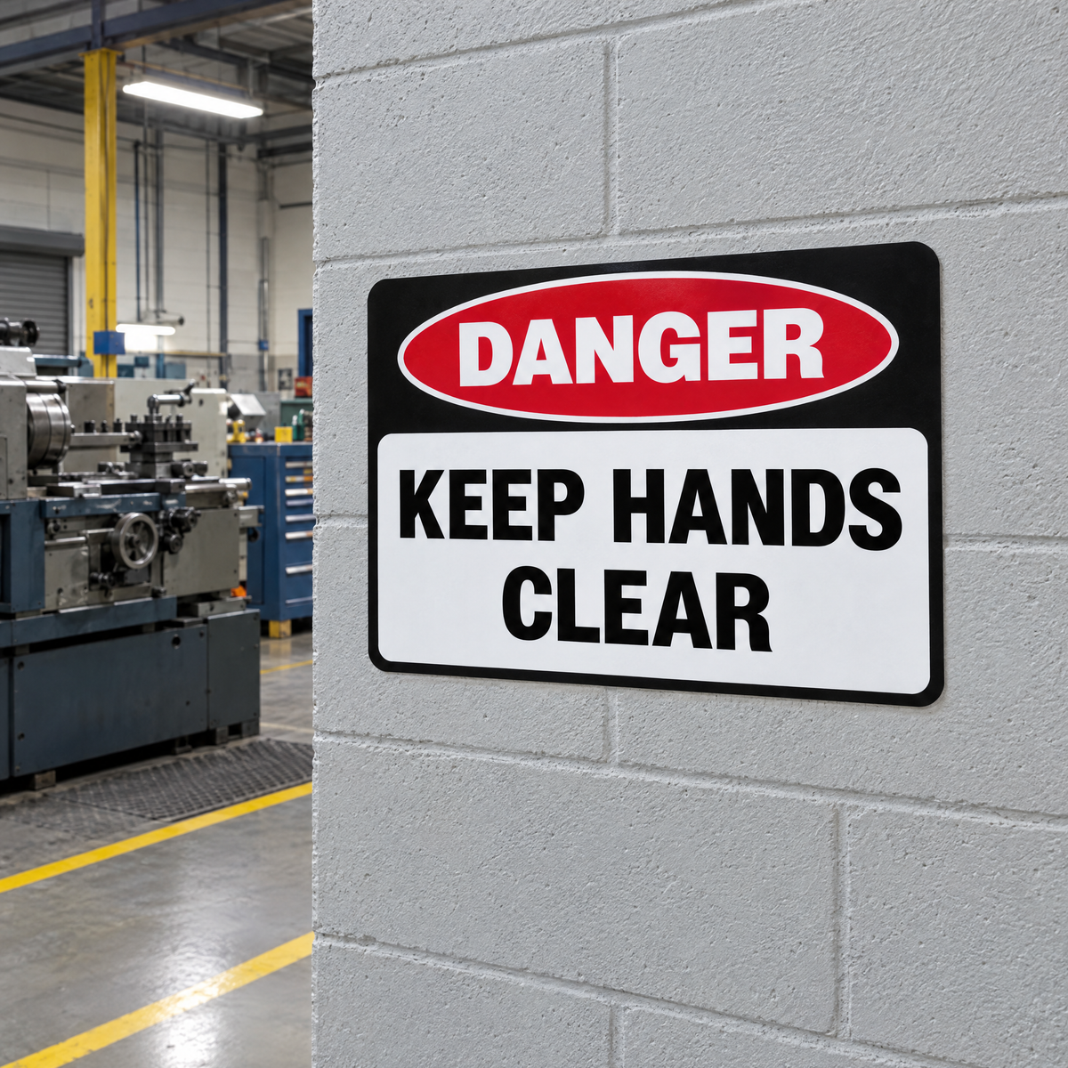 Danger Keep Hands Clear Sign installed in an Australian workshop