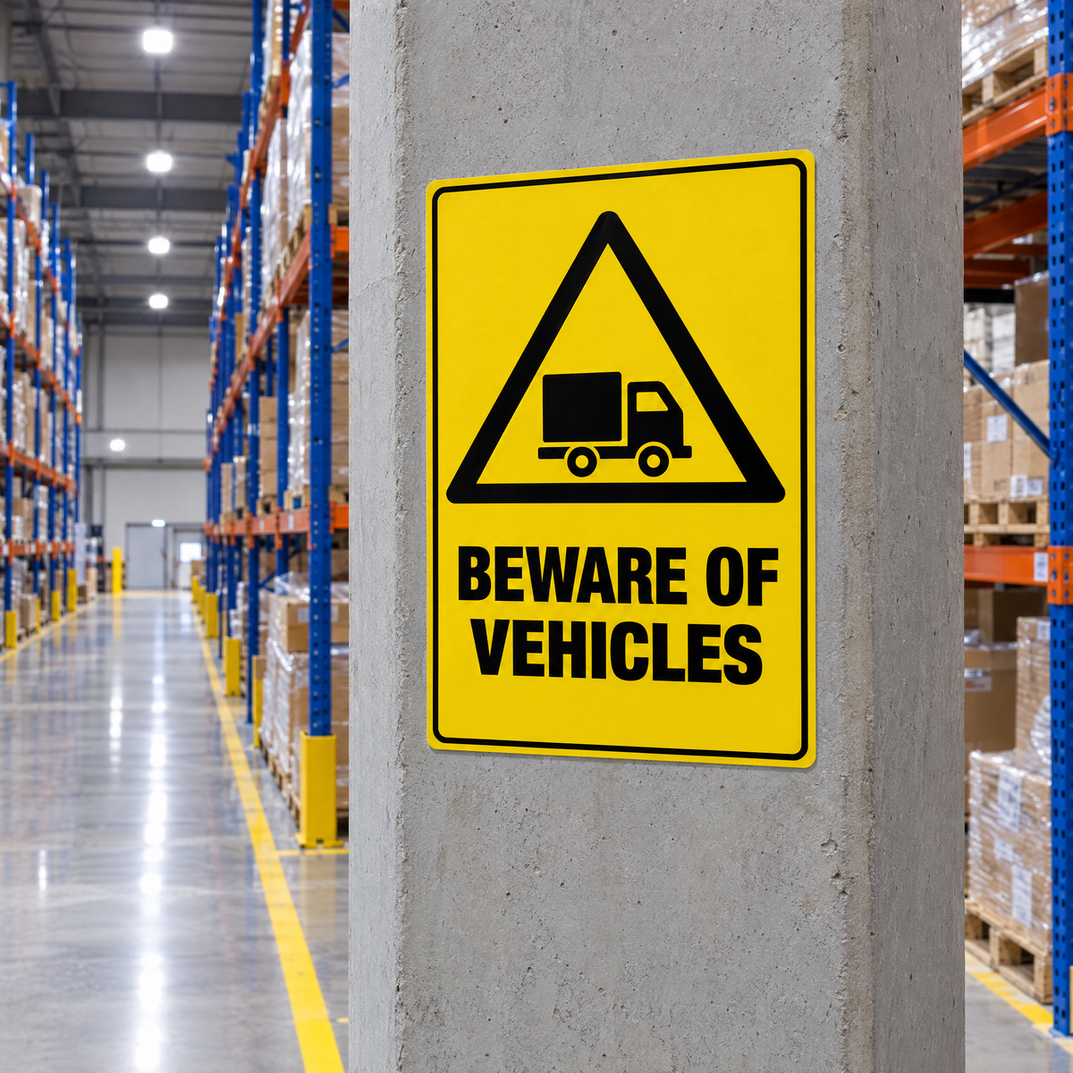 Warning Beware of Vehicles Sign installed in an Australian warehouse