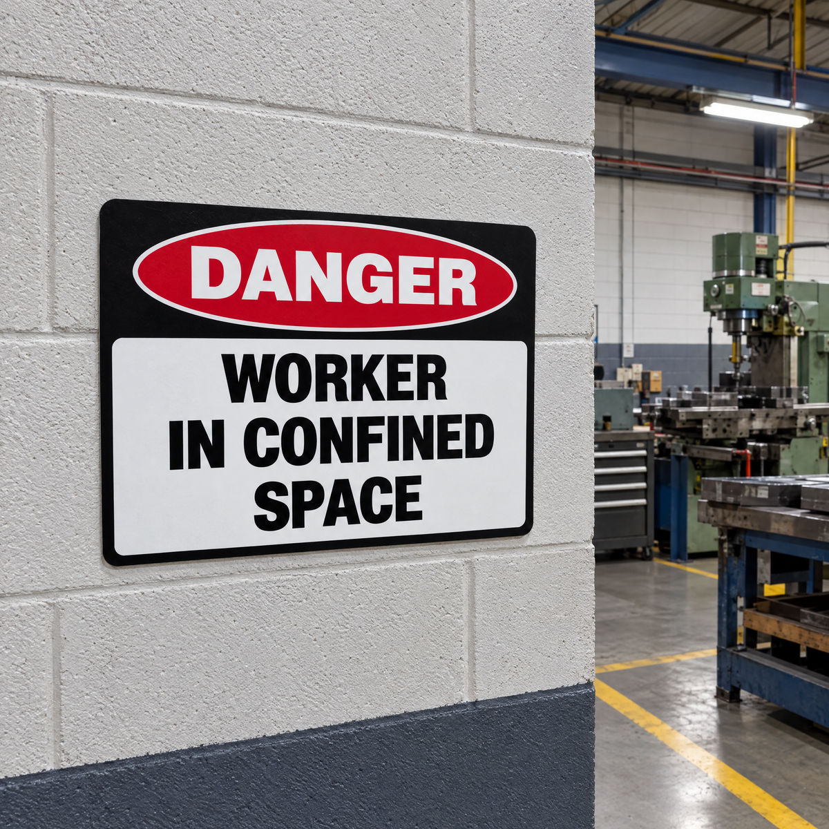 Danger Worker in Confined Space Sign installed in an Australian workshop