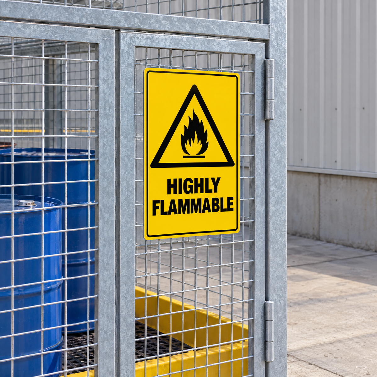 Warning Highly Flammable Sign installed on a chemical storage cage