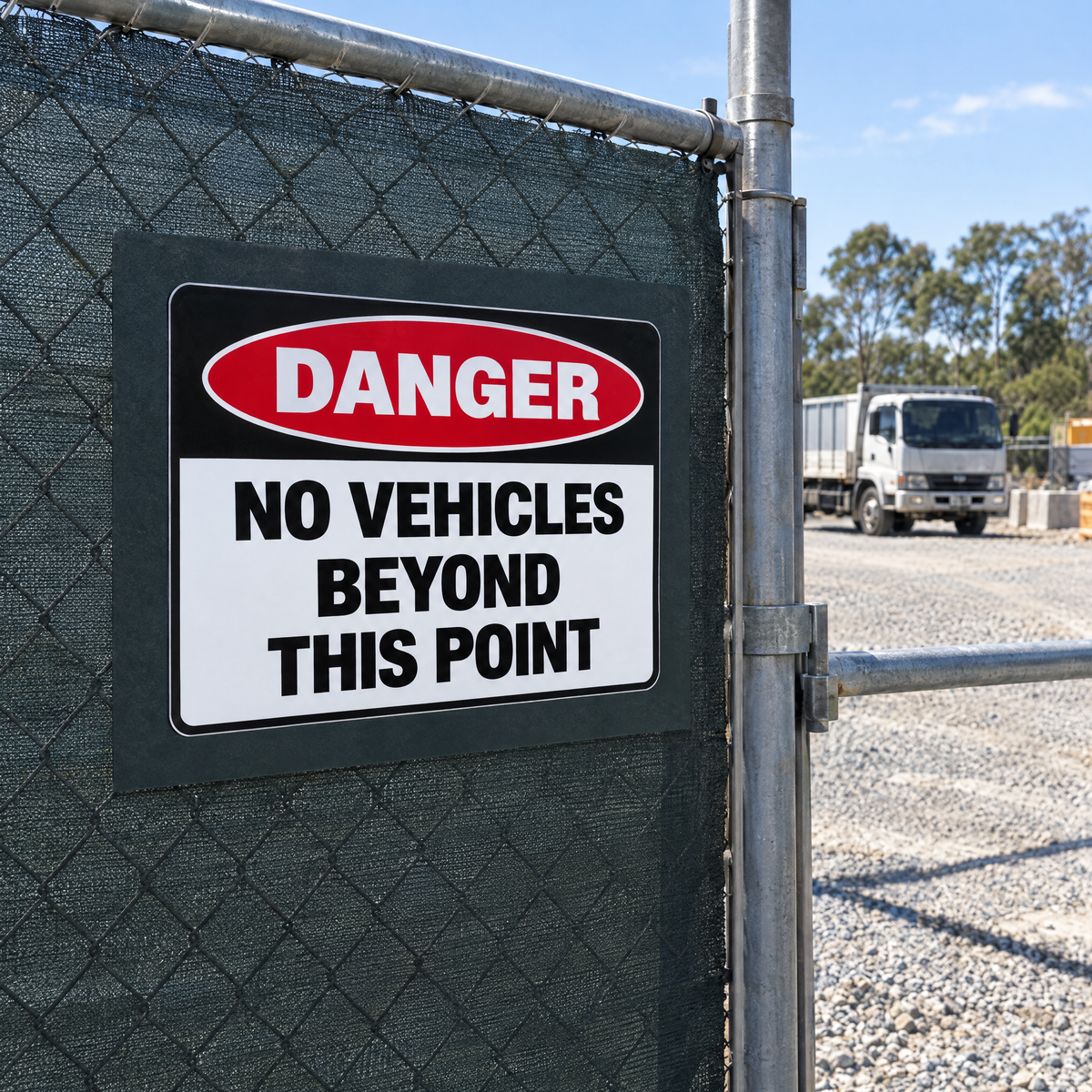 Danger No Vehicles Beyond This Point Sign installed at a site gate