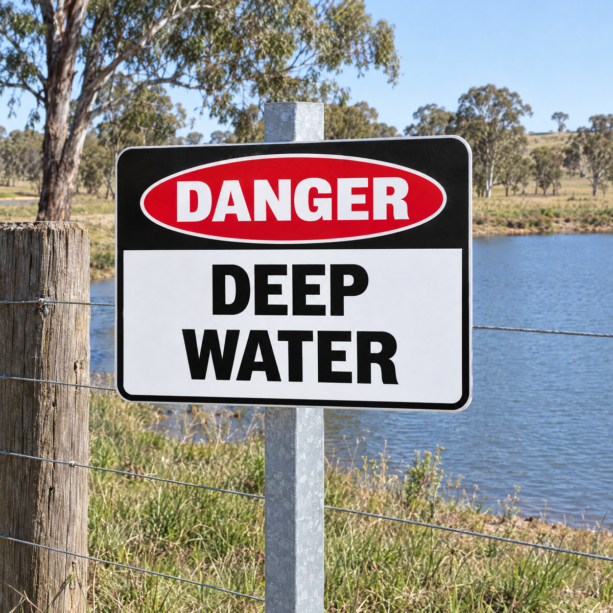 Danger Deep Water Sign installed at the edge of a dam
