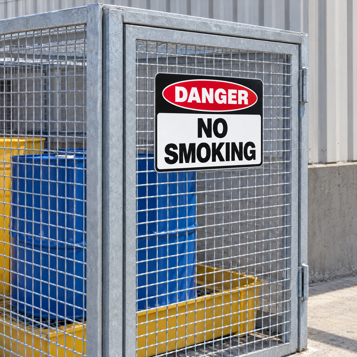 Danger No Smoking Sign installed on a chemical storage cage