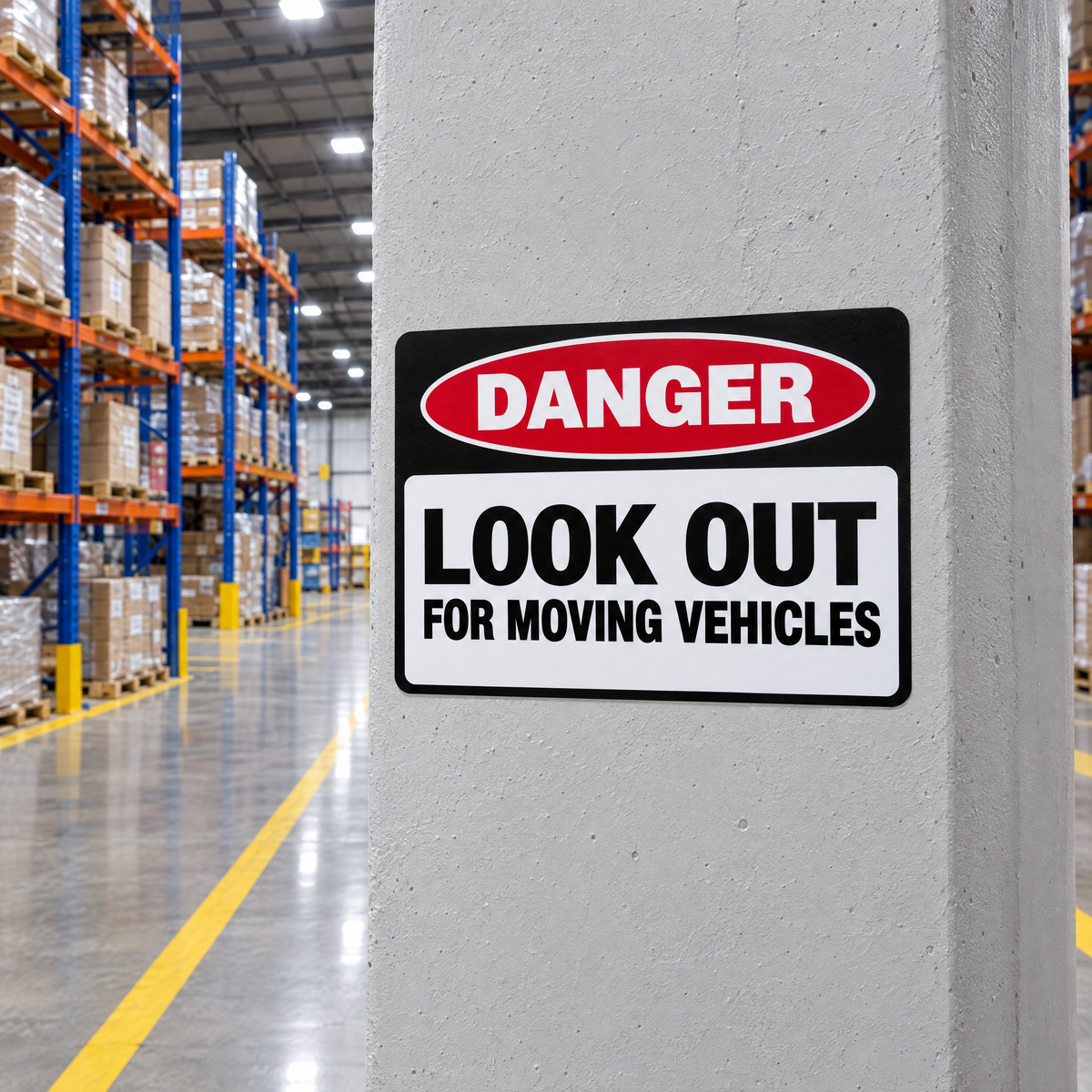 Danger Look Out for Moving Vehicles Sign installed in an Australian warehouse