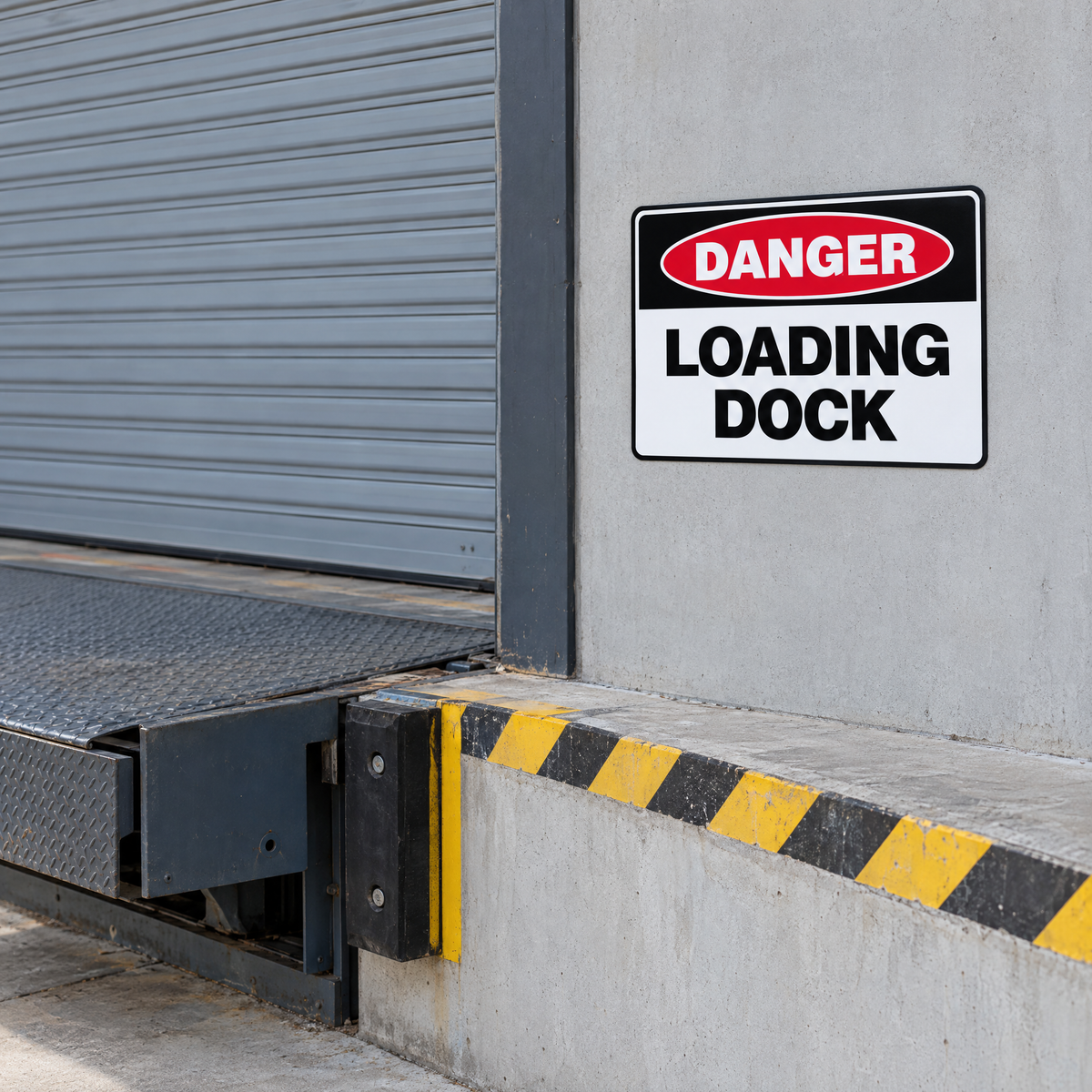 Danger Loading Dock Sign installed at a warehouse loading dock
