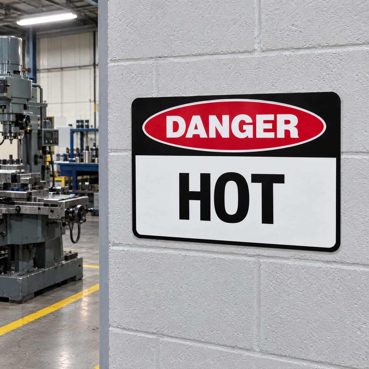 Danger Hot Sign installed in an Australian workshop