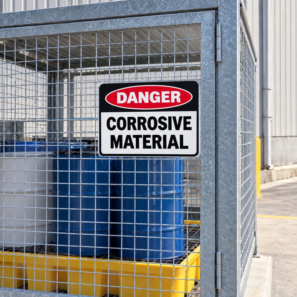 Danger Corrosive Material Sign installed on a chemical storage cage