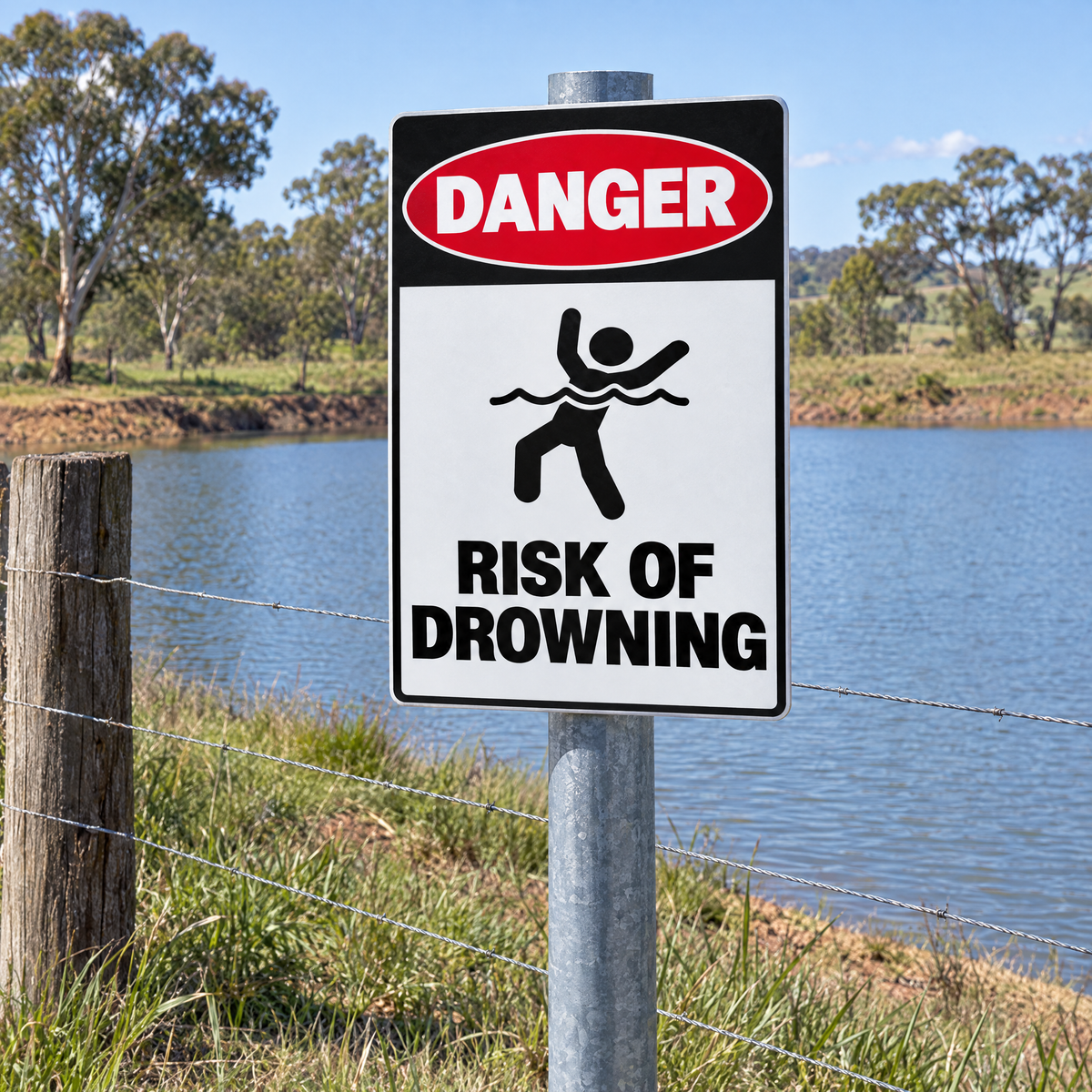 Danger Risk of Drowning Sign installed at the edge of a dam