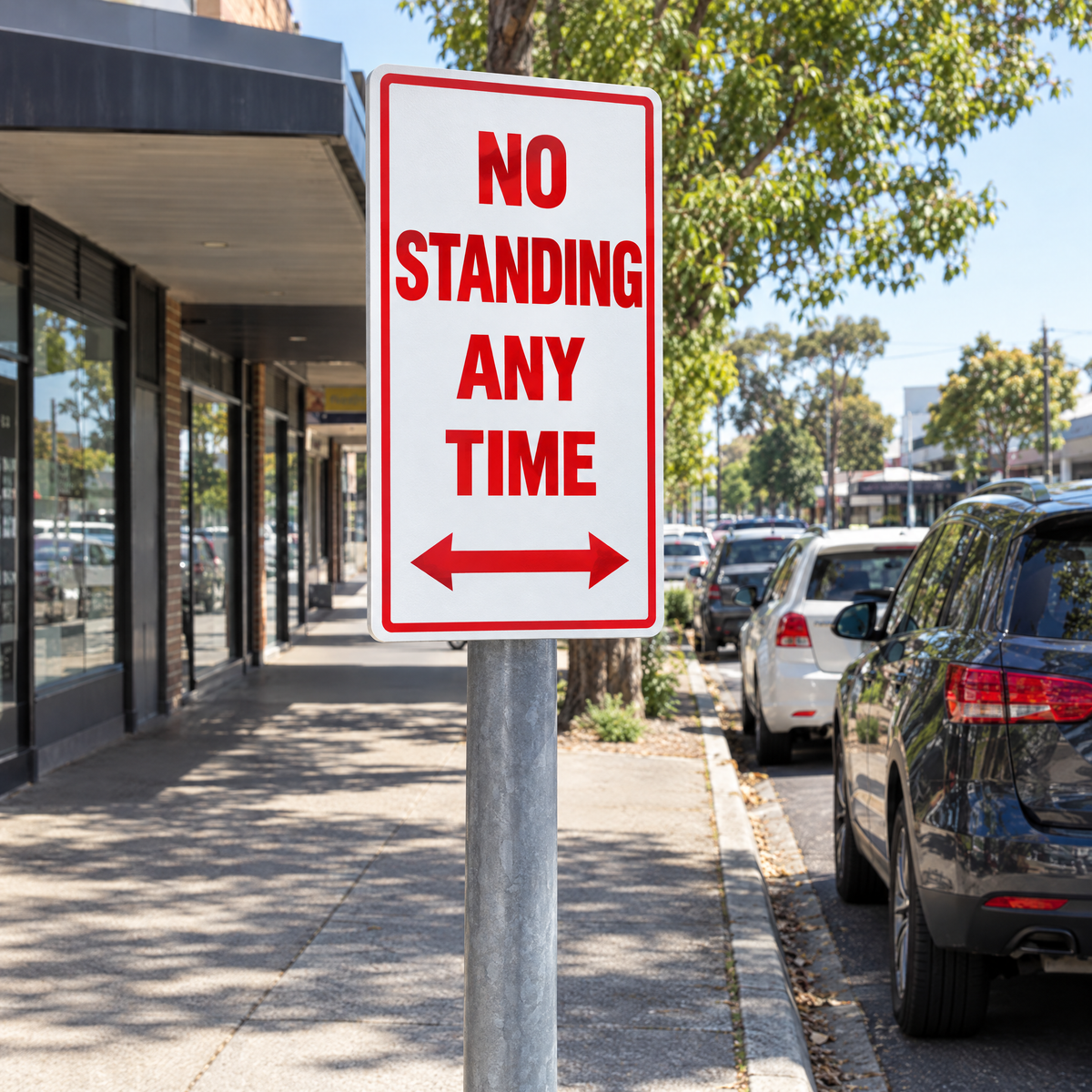 No Standing at Any Time Left and Right Arrow Sign installed at a kerbside