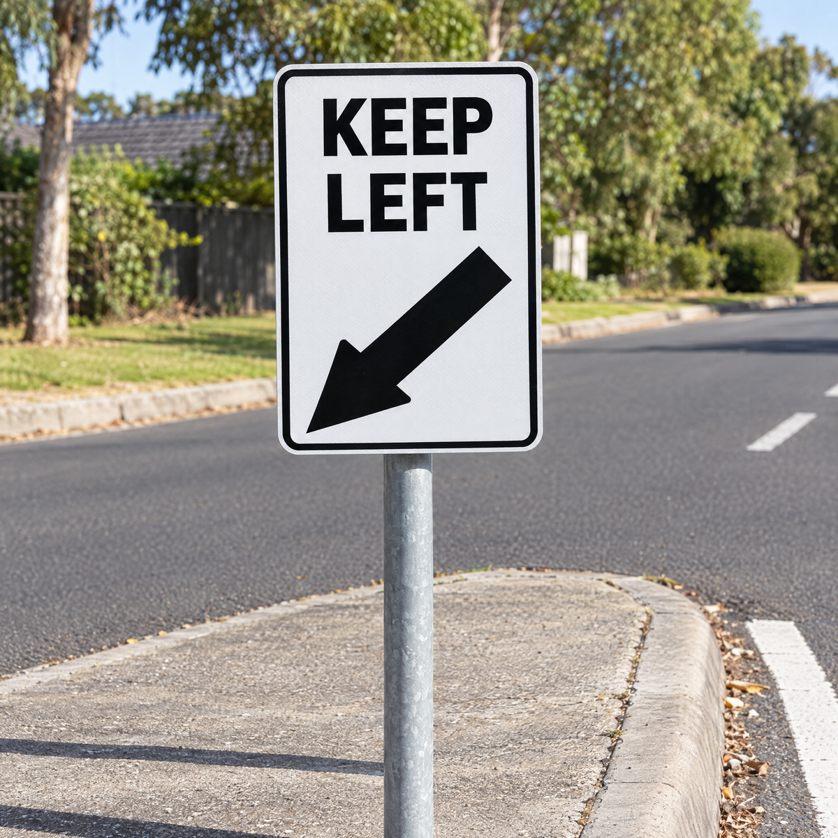 Keep Left Sign installed on a traffic island