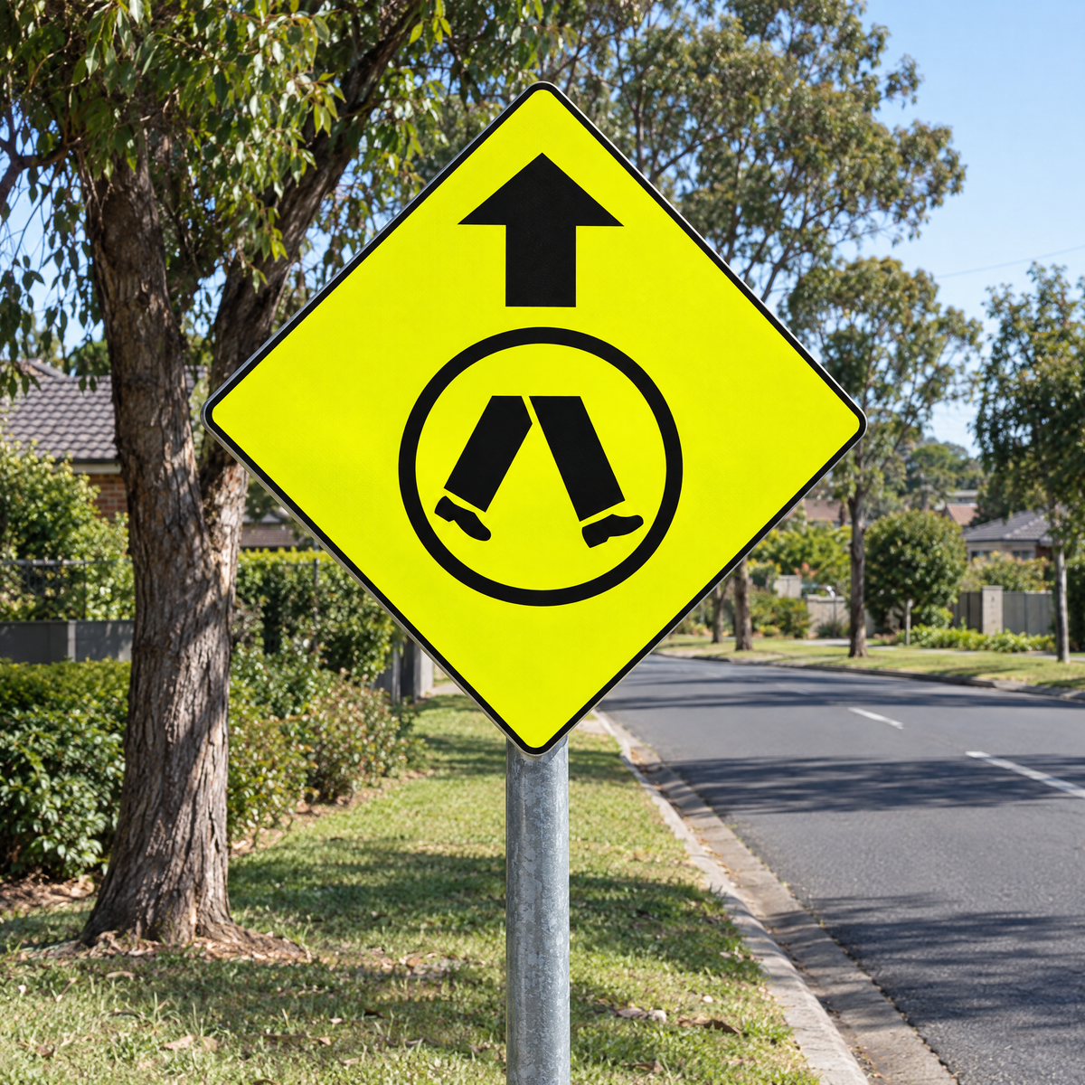 Pedestrian Crossing Ahead Sign installed beside a suburban road