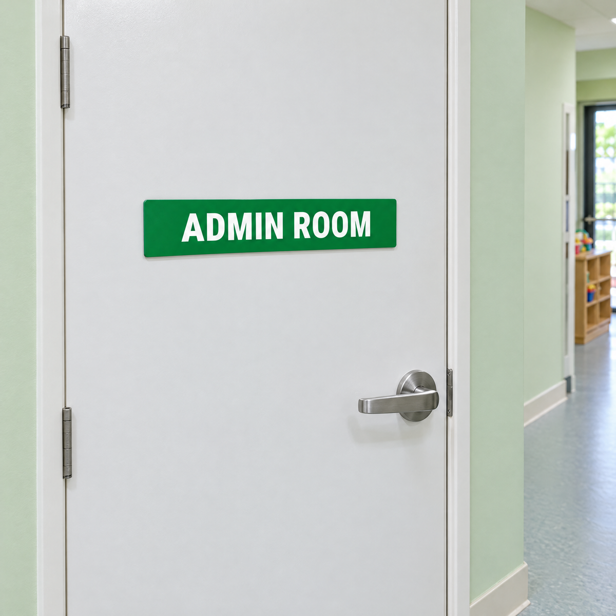 Admin Room Sign – Green & White installed on site – SignShine Australia