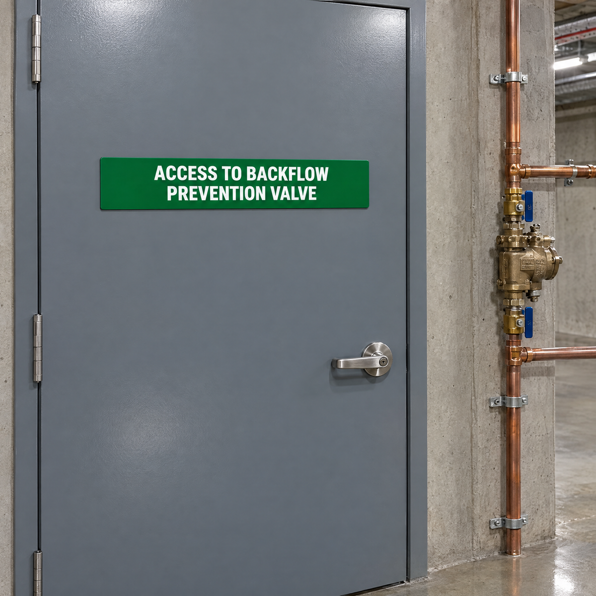 Access to Backflow Prevention Valve Sign – Green & White installed on site – SignShine Australia