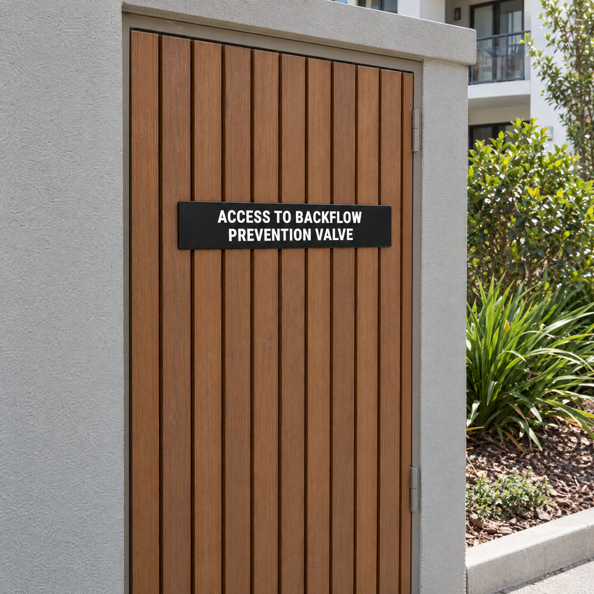 Access to Backflow Prevention Valve Sign – Black & White installed on site – SignShine Australia