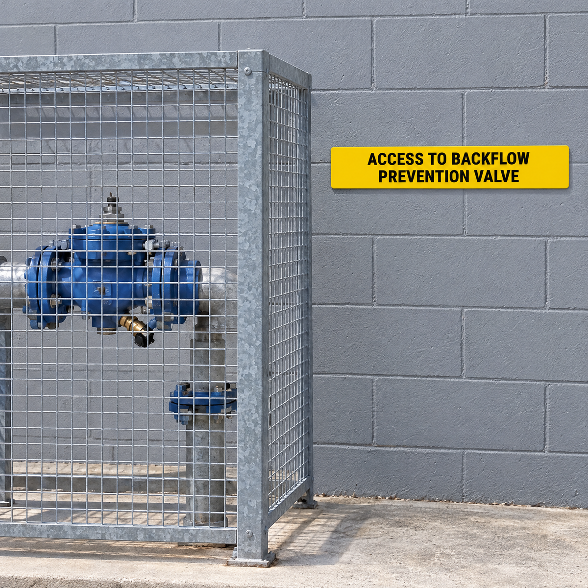 Access to Backflow Prevention Valve Sign – Yellow & Black installed on site – SignShine Australia