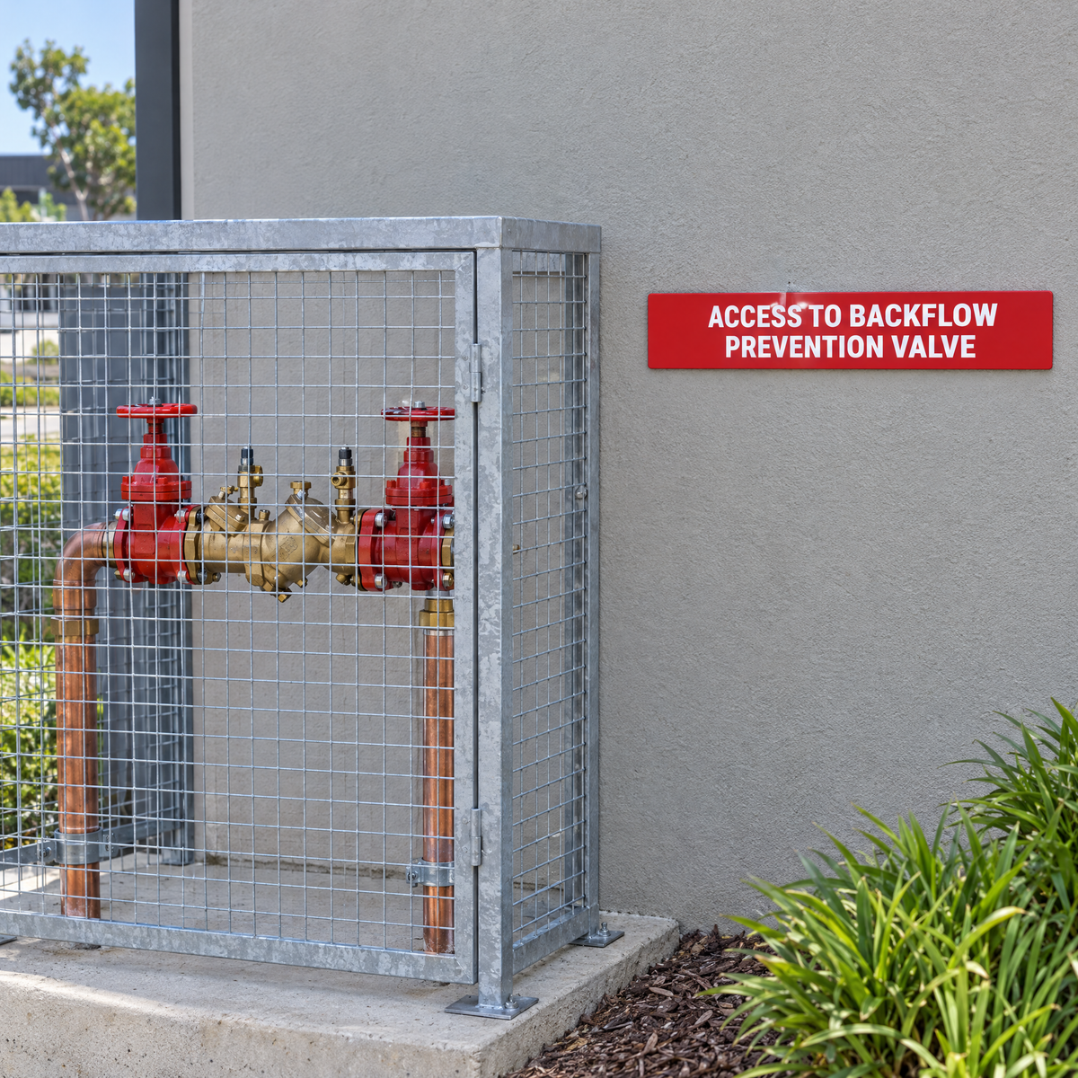 Access to Backflow Prevention Valve Sign – Red & White installed on site – SignShine Australia