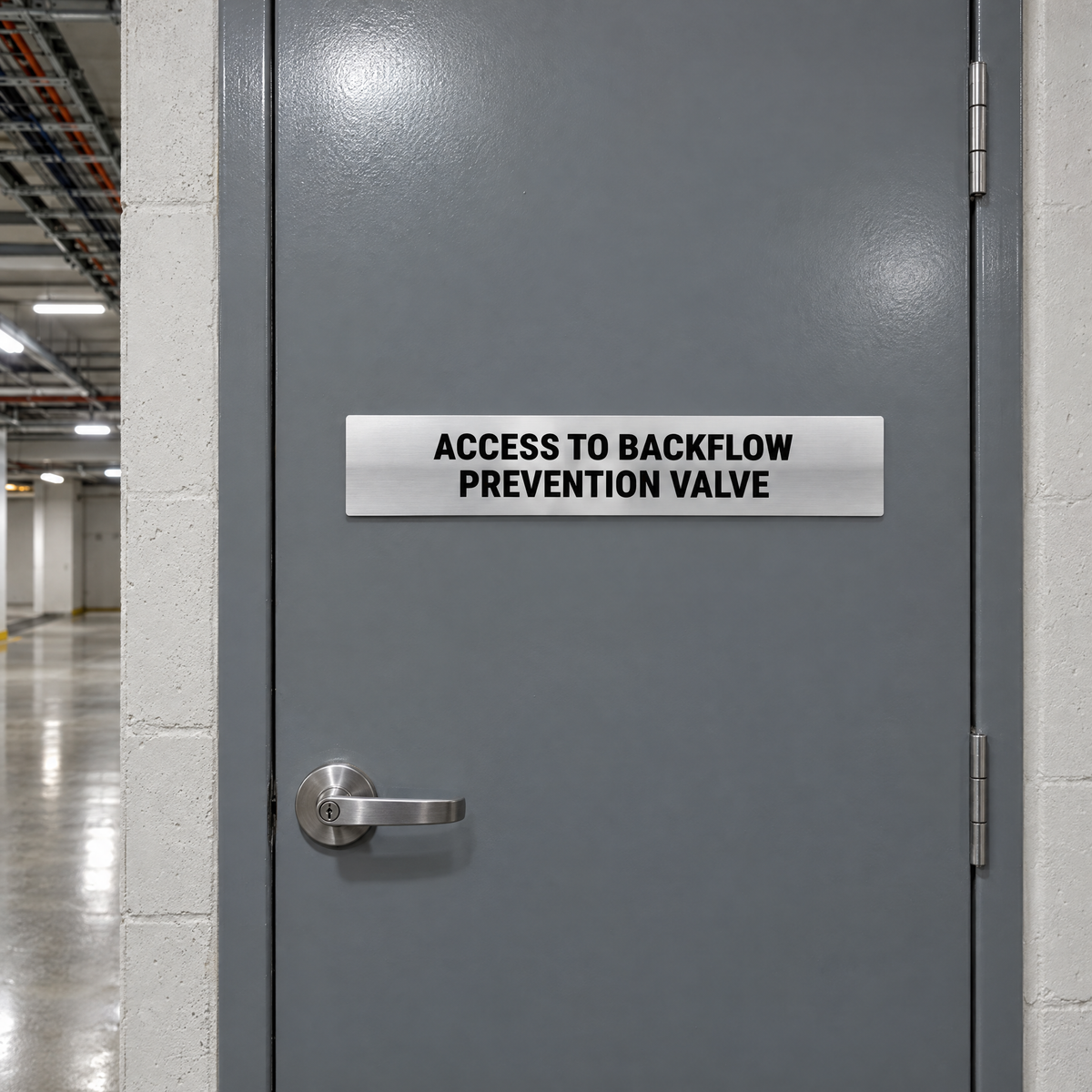 Access to Backflow Prevention Valve Sign – Silver & Black installed on site – SignShine Australia