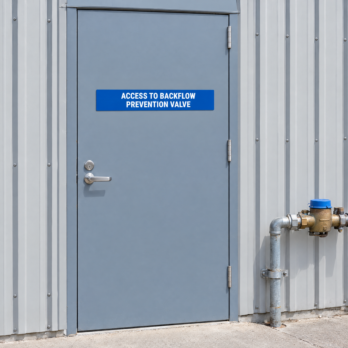 Access to Backflow Prevention Valve Sign – Blue & White installed on site – SignShine Australia