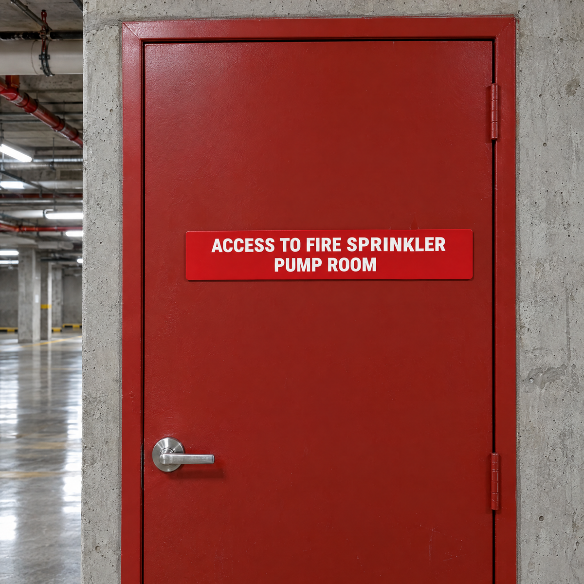 Access to Fire Sprinkler Pump Room Sign – Red & White installed on site – SignShine Australia