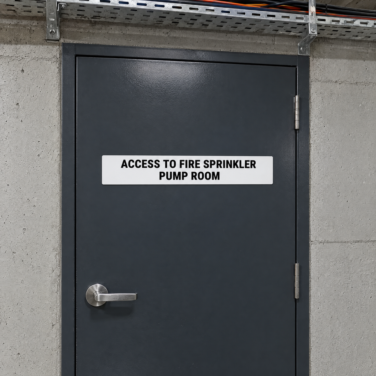 Access to Fire Sprinkler Pump Room Sign – White & Black installed on site – SignShine Australia