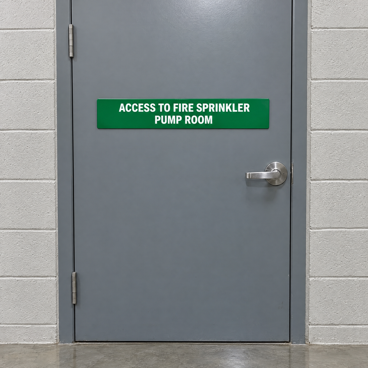 Access to Fire Sprinkler Pump Room Sign – Green & White installed on site – SignShine Australia